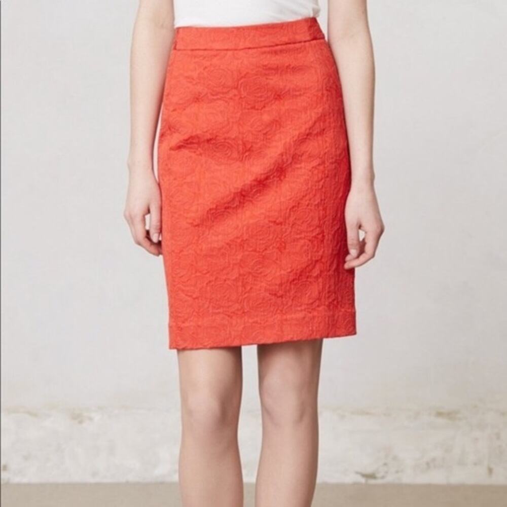 Vanessa Virginia Anthropologie Orange Floral Textured Pencil Skirt Size 6